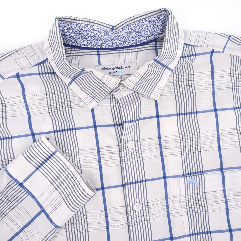 Tommy Bahama Island Zone Grid Button Down White Blue Long Sleeve Mens XL Stretch